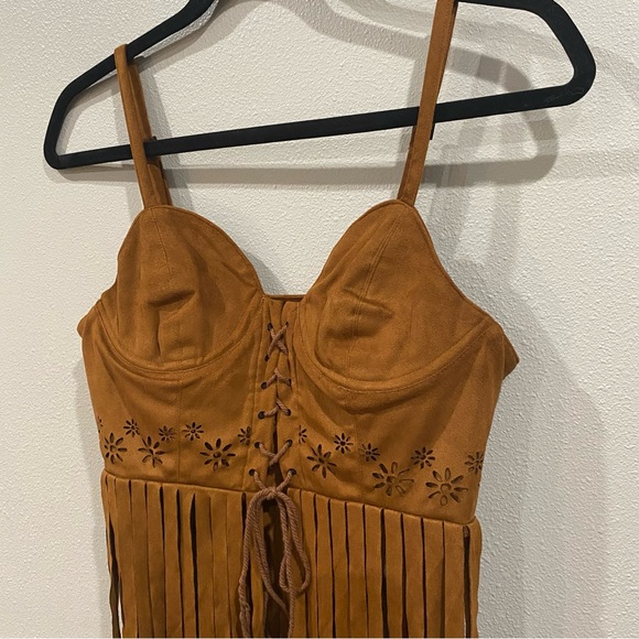 Sea Gypsies Faux Suede Lace Up Corset Fringe Top Tan Brown Size Small - Picture 2 of 7